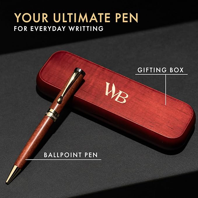 Wordsworth and Black Ballpoint Pen Set - Stunning Luxury Pen Bamboo Rosewood Gold Finish, Refillable, Best Ball Pen for Men & Women, Black Ink Refill, Elegant, Point Pen