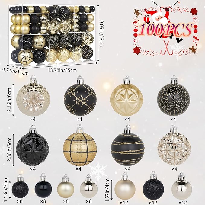 100ct Black and Gold Christmas Ornaments Set, Shatterproof Xmas Tree Ornaments Decorations Collection, Hanging Plastic Christmas Balls for Holiday Party Wedding (Black&Gold)