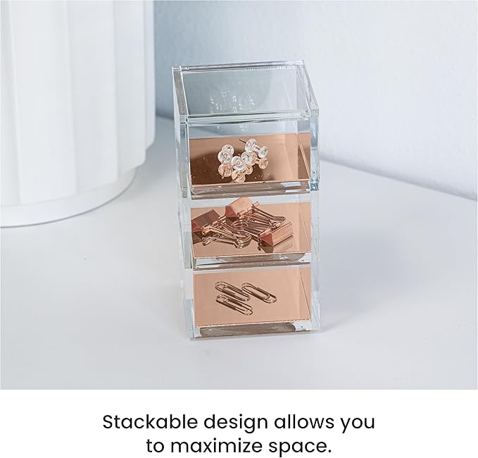 OfficeGoods 3-Tier Stackable Acrylic Holder- Stylish Desk Organizer and Storage for Office or Home – Transparent Square Design, with Rose Gold Metal Base