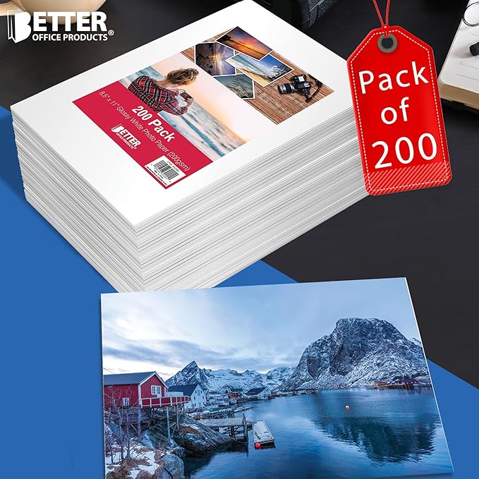 Glossy Photo Paper, 8.5 x 11 Inch, 200 Sheets, by Better Office Products, 200 gsm, Letter Size, 200-Count Pack