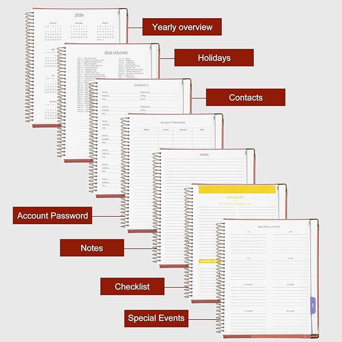 2026 Planner, Weekly and Monthly Calendar Planner Book,Dec 2025 - Dec 2026, Leather Hardcover Spiral Planner with Monthly Tabs, Notes Pages, Perfect for Women & Men, A4 (9.6" x 11.2") - Rust Brown