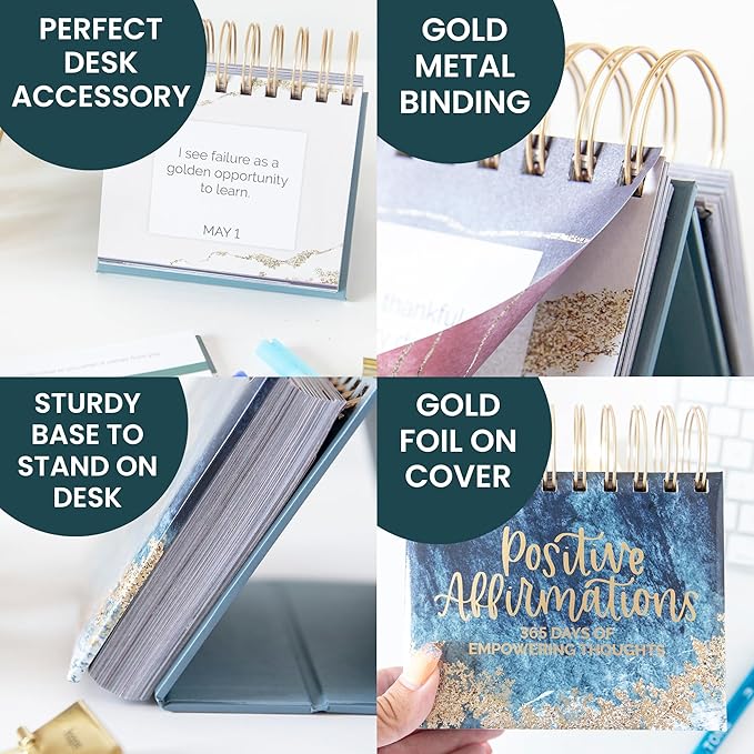 bloom daily planners Undated Perpetual Desk Easel/Inspirational Standing Flip Calendar - Motivational Page a Day - (5.25" x 5.5") - Positive Daily Affirmations