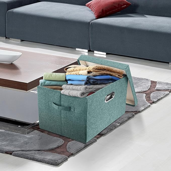 TYEERS Large Storage Bins with Lids, Collapsible, Washable, Fabric Storage Boxes for Organizing, 17.3x11.8x11.4 inches, 3 Pack, Aqua Deep