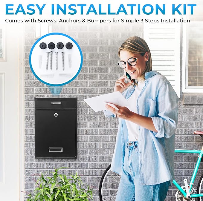 Wall Mounted Locking Vertical Dropbox Mailbox - Safe and Secure (Large) | Made with Galvanized Steel (Black)