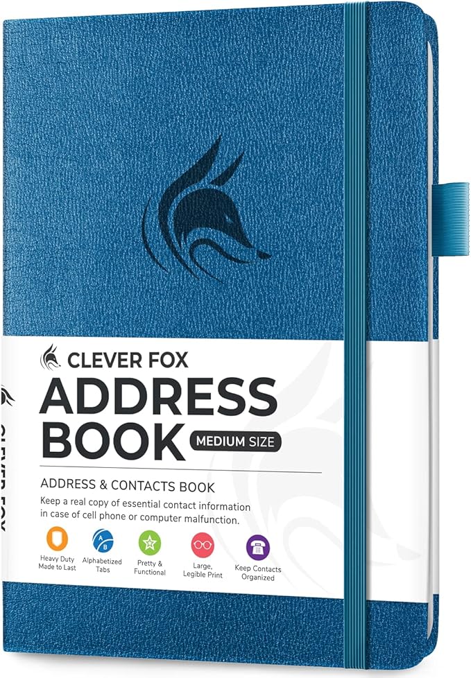 Clever Fox Address Book with alphabetic tabs - PU Leather Telephone and Address Book for Keeping Contacts Safe, Contact Organizer Journal, Medium Size (5.3″ x 7.7″) Hardcover, Mystic Blue