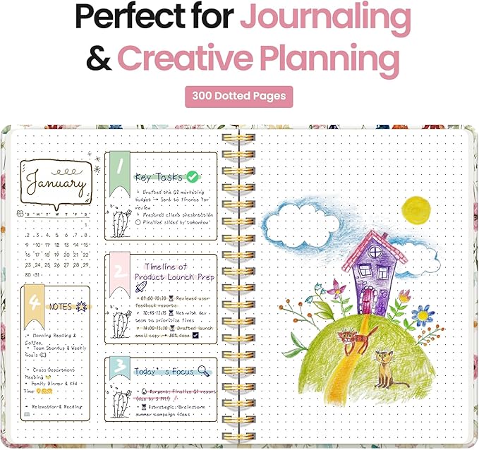 Spiral Dotted Notebook Journal for Work, 300 Pages, Thick B5 (7.1"x10") Bullet Dotted Journal for Women & Writing, Hardcover Notebook for Note Taking, Perfect for Work School Note Taking Business, Floral