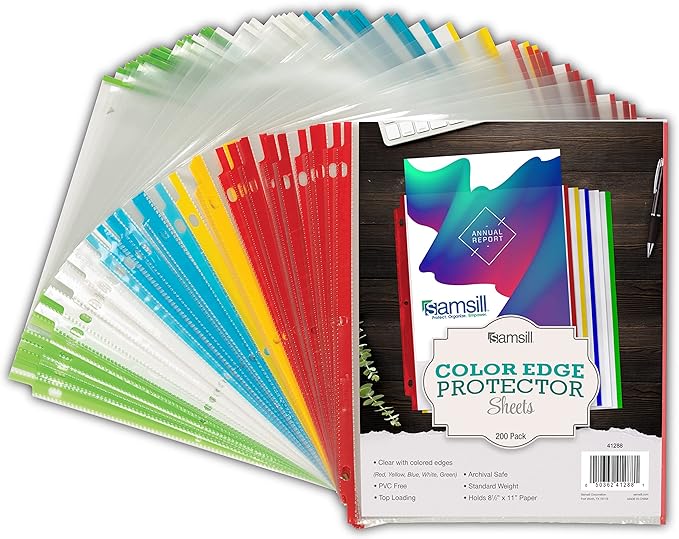 Samsill Color Edge Sheet Protectors 8.5 x 11 Inch, Page Protectors for 3 Ring Binder, Standard Weight, Clear Sheet Protector, Letter Size, Top Loading, Acid Free, 200 Pack
