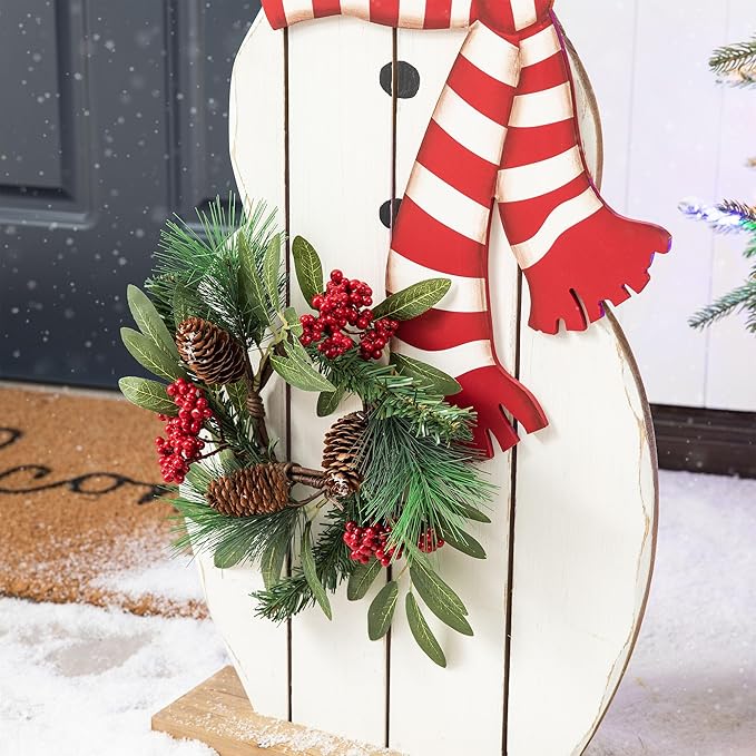 Glitzhome 36" H Wood Metal Christmas Snowman Porch Décor with Floral Wreath Standing Snowman Merry Christmas Porch Welcome Sign Holiday Party Outdoor Indoor Xmas Decorations