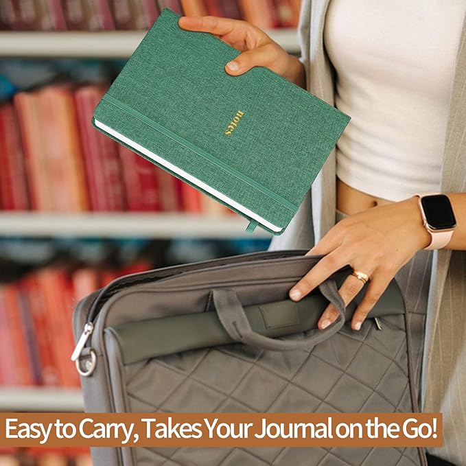 A5 Lined Journal Notebook – Hardcover Fabric Cover 160 Pages 100 GSM Thick Paper With Elastic Band & Pen Holder College Ruled Writing Notebooks for Work School Travel Dark Green