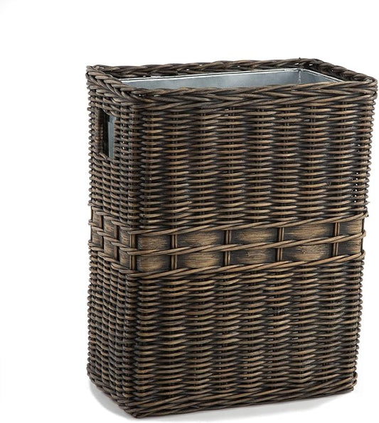 The Basket Lady Large Rectangular Wicker Waste Basket with Metal Liner, 14.5 in L x 9 in W x 18 in H, Antique Walnut Brown