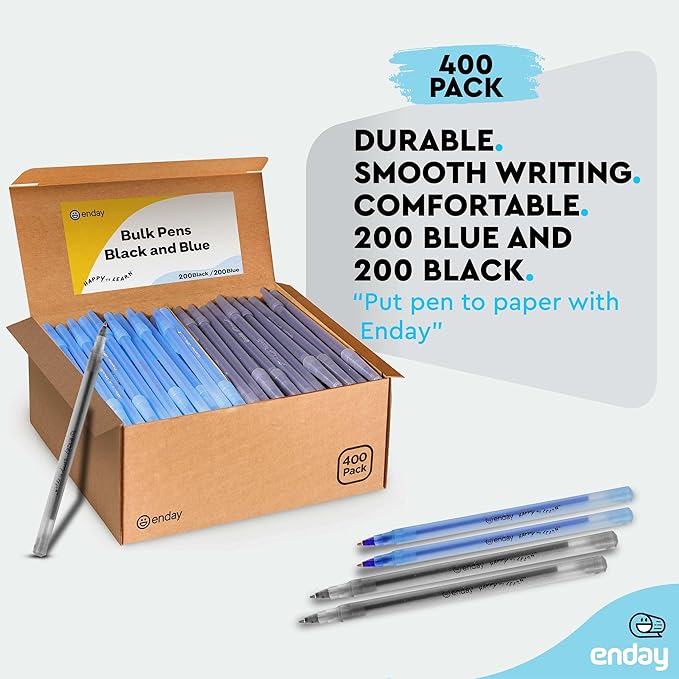 Enday Ballpoint Pens Bulk Blue and Black Pens (400 Pack) 200 Black & 200 Blue - Medium Point (1.0mm) Flexible Round Barrel For Writing Comfort, Pens Bulk for School, Home and Office.
