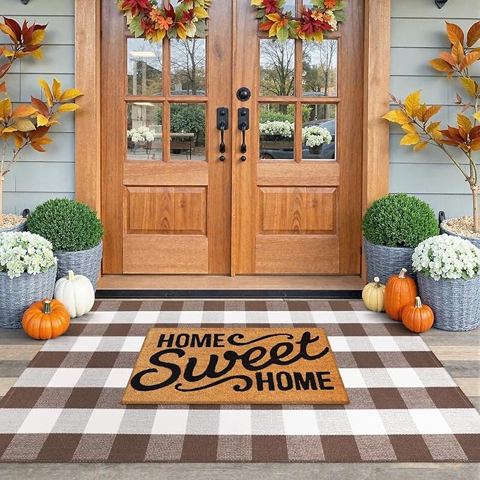 KIMODE Fall Decor Buffalo Plaid Outdoor Rug 3'x5' Brown and White Checkered Rug Farmhouse Cotton Fall Front Outdoor Autumn Door Mat Washable Indoor Outdoor Area Rug Carpet for Front Porch