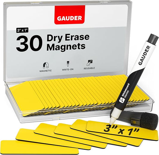 GAUDER Magnetic Dry Erase Labels | 30x Magnetic Labels (3 Inches x 1 Inch) | Dry Erase Magnets for Classroom, Whiteboard and Blackboard