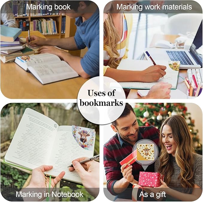 4 Pcs Highland Cow Leather Bookmark Cute Sunflower Book Corner Bookmarks Floral Book Accessories for Women Book Lovers Reading Lover Teacher Student Girls Gift