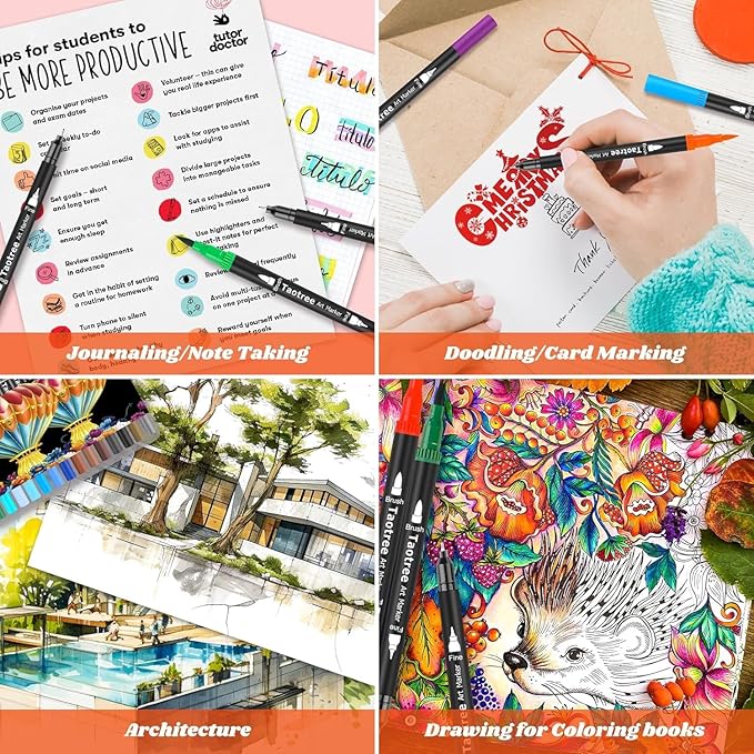Taotree 120 Colors Dual Tip Art Markers Pens for Adult Coloring Book, Artist Fine & Brush Tip Coloring Markers Drawing Pen for Journaling Note Taking Lettering Calligraphy Craft Art Supplies Set