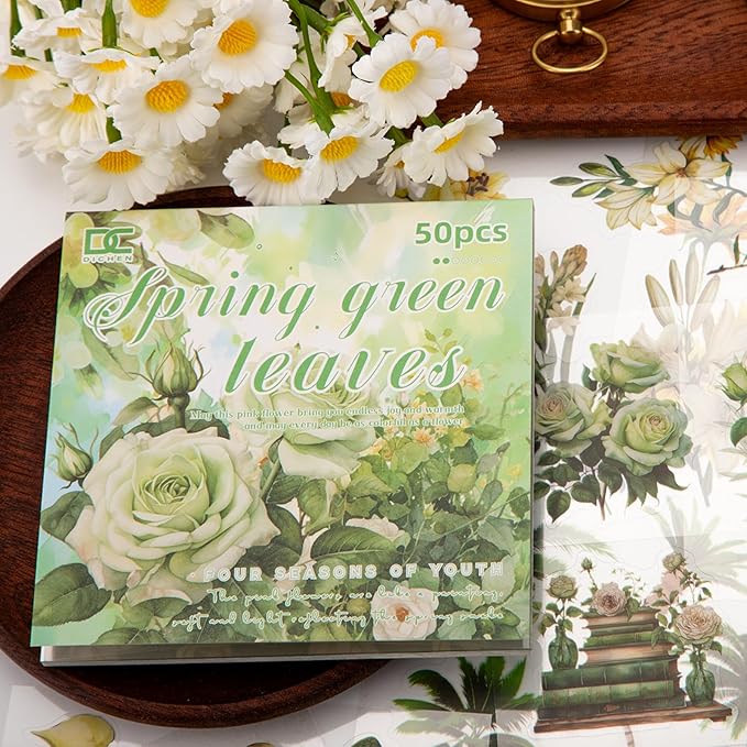Green Leaf Theme Sticker Scrapbooking Supplies for Junk Journal 50 Sheets, Include 25 PET Stickers and 25 Paper of Scene Material Paper - Vintage Journaling Stickers (TZ-006-008)