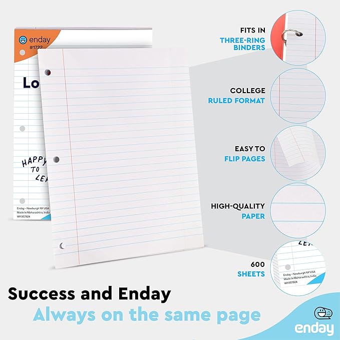Loose Leaf Paper College Ruled Notebook Paper, 8" x 10.5" Filler Paper White, 3 Hole Punched Binder Paper for 3 Ring Binders, Lined Paper 150 Sheets Per Pack (4 Pack) - By Enday