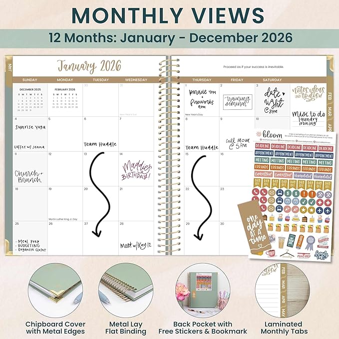 bloom daily planners HARDCOVER 2026 Planner (January to December) - 8.5” x 11” Weekly & Monthly Dated Agenda Organizer Book with Stickers & Tabs - Green Linen