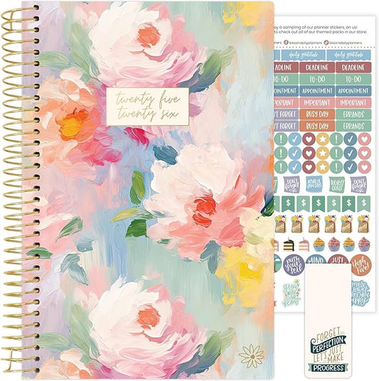 bloom daily planners 2025-2026 Academic Year Daily Planner (July 2025 - July 2026) - A5 Weekly & Monthly Calendar Agenda Organizer Book with Stickers - 5.5" x 8.25" - Painted Peonies