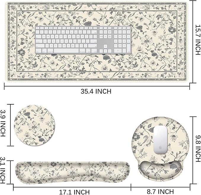 DINKY Desk Mat Mouse Pad, XXL Large Gaming Mouse Pad with Wrist Rest Wrist Support, Ergonomic Mouse Pads, Keyboard Wrist Rest, Desk Accessories Decor for Home Office, Apricot Art Leaf