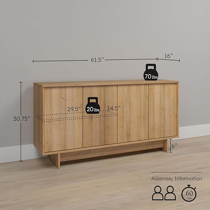 Prepac Natural Oak Finnley Sideboard Cabinet Buffet Cabinet with Storage Accent Cabinet for Living Room, Kitchen, Entryway Cabinet with Adjustable Shelves Push Latch System 16" D x 61.5" W x 30.75" H