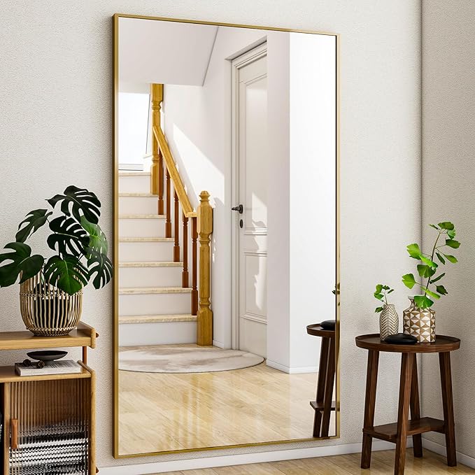 Full Length Mirror with Stand 38"x77" Full Body Mirror Floor Mirror Standing Hanging or Leaning Wall, Wall Mirror with Stand Aluminum Alloy Frame for Living Room Bedroom Cloakroom,Gold