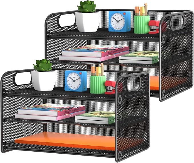 samstar 2 Pack 3 Tier Letter Tray Paper Organizer with Handle, Mesh Desk Organizer Paper Sorter File Rack Shelves, Black