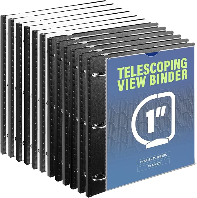 WOT I 1 Inch Telescoping 3 Ring Binder 12-Pack, Expandable Flexible Binder with Customizable Front Cover & Clear Catalog Pocket, Holds 225 Sheets, School Office Supplies, Black+White