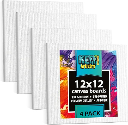 KEFF Canvas Boards for Painting - 12x12 4-Pack Bulk Canvas Panels, 100% Cotton Triple Primed Large Canvases for Art Painting Supplies, Acrylic, Oil, Watercolor & Tempera