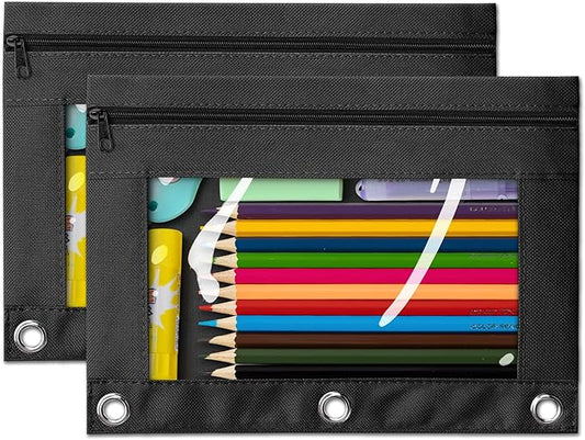 V-Opitos Pencil Pouch for 3 Ring Binder, 2 Pack 3-Holes Zipper Pencil Pouches, Sturdy and Durable Cloth Pencil Case with Clear Window for Office School College Supplies