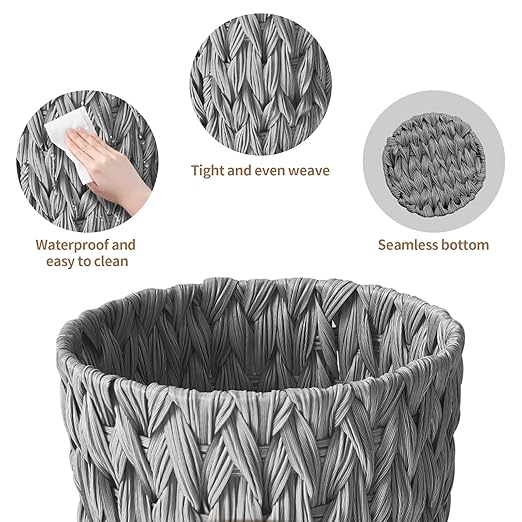 Endymion Grey Wicker Trash Can,Waterproof Wicker Waste Basket for Bathroom,Woven Waste Basket for Bedroom,2 Gallon Round