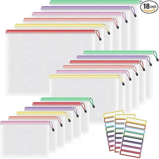 Umriox Mesh Zipper Pouch Bags, A3+A4+A5, (6 colors, 18 Packs), Clear Zipper Pouches, Waterproof Zipper Pouches for Office Supplies Cosmetics Travel Storage