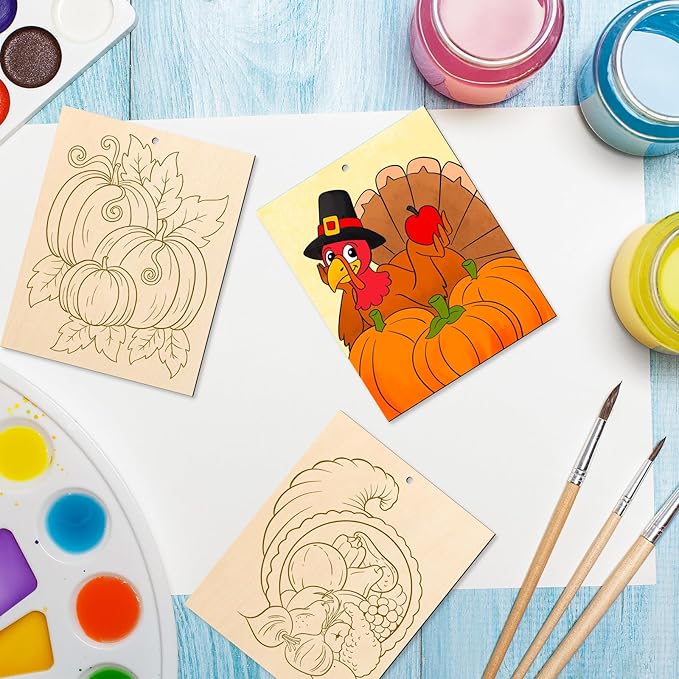 COCHIE 10PCS Large Thanksgiving Unfinished Wood Crafts to Paint for Adults Kids, Bulk Predrilled Wooden Ornaments for Painting, Pumpkin Scarecrow Paintable Wood Slices Craft Supplies with Ropes