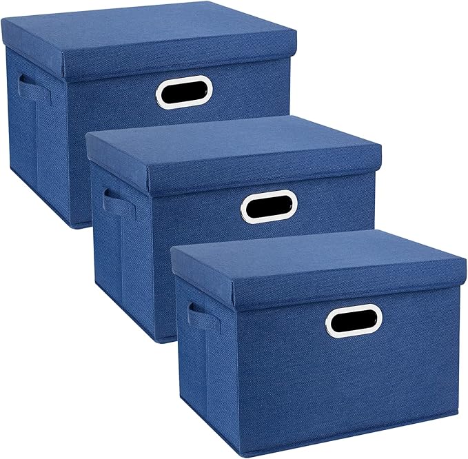 TYEERS Large Storage Bins with Lids, Collapsible, Washable, Fabric Storage Boxes for Organizing, 17.3x11.8x11.4 inches, 3 Pack, Classic Blue
