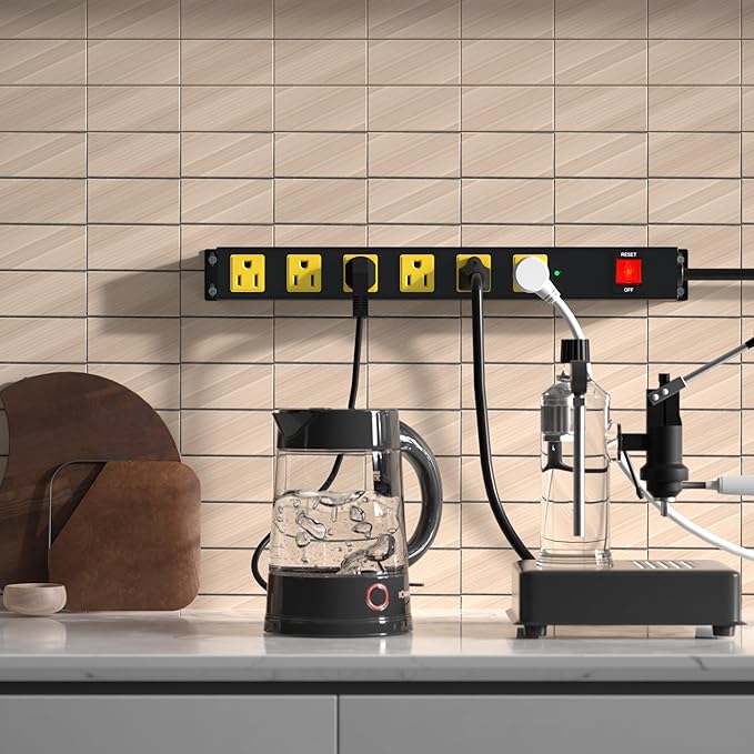 Heavy Duty 6 Outlet Metal Long Power Strip, 2700J Surge Protector with 15A Circuit Breaker, 15FT Extension Cord, Wall Mount for Garage, Workshop & Industrial Use, Wide Spaced (15ft)