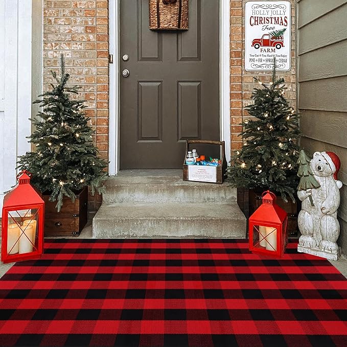 Ckorzen Red and Black Plaid Rug, 4' x 6' Christmas Halloween Outdoor Front Door Decor Mat, Cotton Hand-Woven Washable Rug for Layered Door Mats Carpet for Porch, Entryway