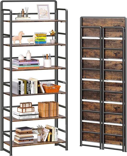 4NM No Assembly 6 Tiers Folding Bookshelf Storage Shelves Vintage Bookcase Standing Racks Study Organizer Home Office (Rustic Brown Black)