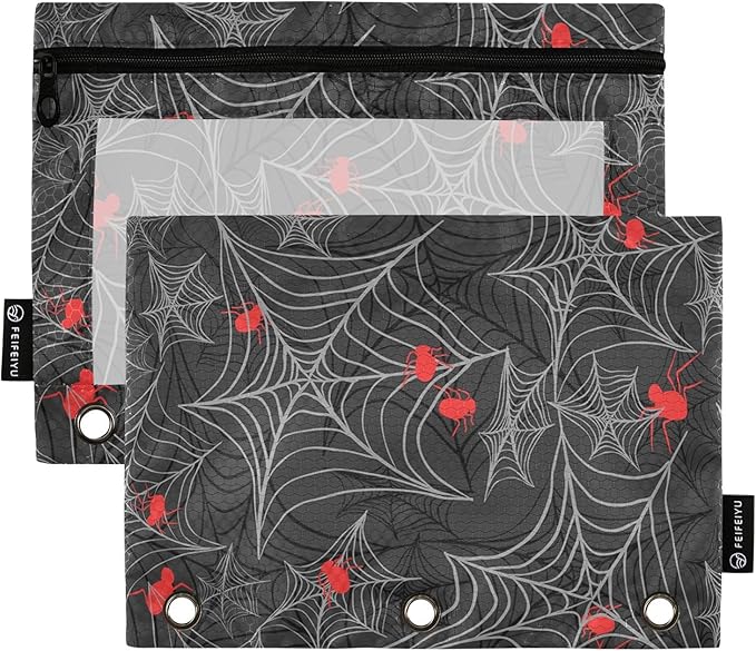 ZAZYXTJ Goth Spider Web Binder Pencil Pouchs 3 Ring with Zipper Clear Window Office Organizers bag for School Students Teacher Supplies 2 Pack