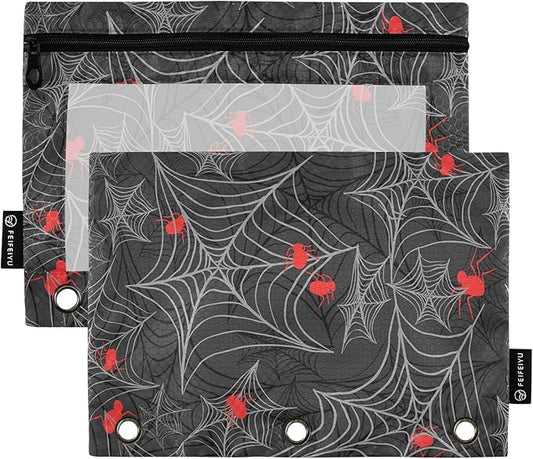 ZAZYXTJ Goth Spider Web Binder Pencil Pouchs 3 Ring with Zipper Clear Window Office Organizers bag for School Students Teacher Supplies 2 Pack