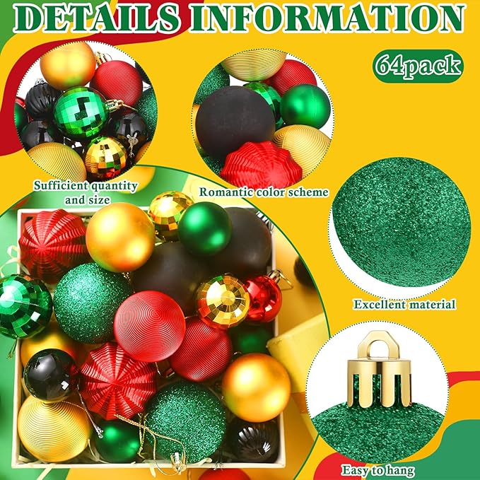 64 Pcs Black History Month Christmas Ball Ornaments Decoration Glitter Matte African American Ornament 1.6/1.97/2.4 Inch Assorted Black Red Yellow Green Xmas Baubles for Home Tree Party