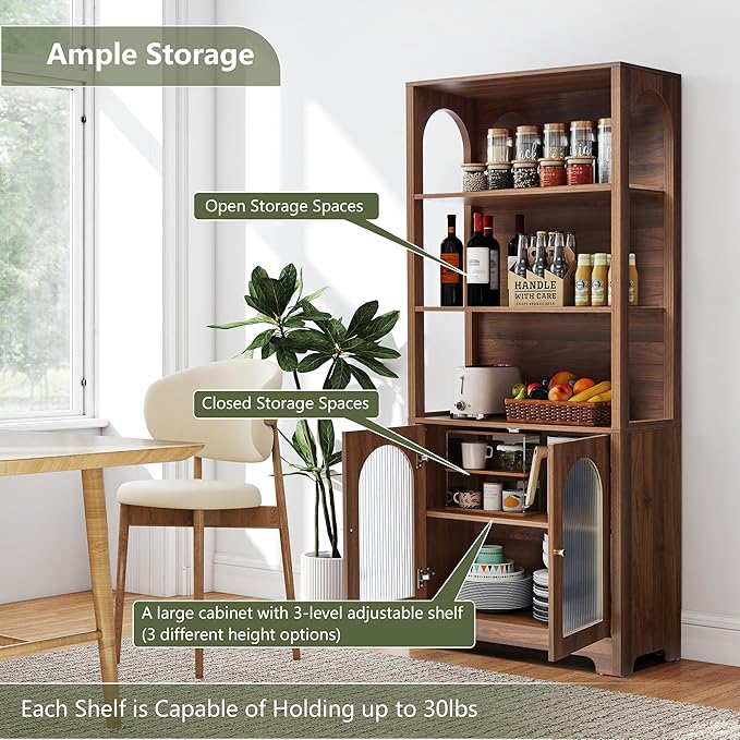 RARZOE 71" Tall Bookshelf and Bookcase, 5-Tier Arched Bookshelf with Glass Doors, Floor Standing 5 Shelf Book case, Wood Display Cabinet Storage Organizer for Living Room, Bedroom, Office(Walnut)