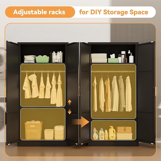 INTERGREAT Metal Storage Cabinet with Hanging Rail, Black Armoire Wardrobe Closet with 2 Doors,72" H Storage Closet Cabinets with Adjustable Shelves and Removable Hanging Rods