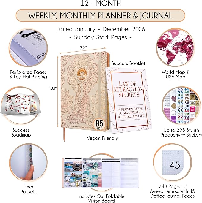 2026 Planner Weekly and Monthly | Law of Attraction Planner with Panduo App | A 12 Month Journey for Productivity, Gratitude & Goal Setting | Includes Foldable Vision Board, Gift Box & Stickers