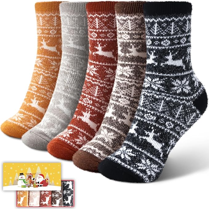 ICEIVY 5 Pair Fuzzy Cozy Socks for Women - Warm Comfy Soft Casual Home Sleep Winter Wool Socks - Gifts for Women