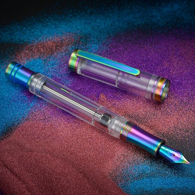 Asvine V200 Titanium Fountain Pen Vacuum Filling, Rainbow Bock Extra Fine Nib Clear Demonstrator Acrylic with Pen Case and Wrench
