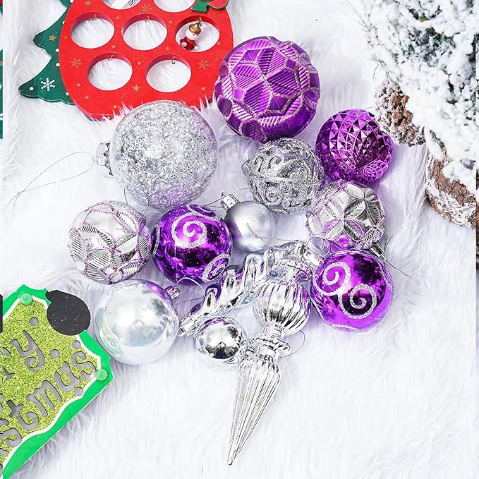 123pcs Christmas Ball Ornaments Set, Shatterproof Plastic Balls for Classic Xmas Decorations, Hanging Ornaments for Christmas Tree, Holiday, Bridal, Home Party, Purple and Silver