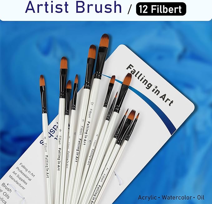 Falling in Art Paint Brushes Set, 12 PCS Nylon Professional Filbert Paint Brushes for Watercolor, Oil Painting, Acrylic, Face Body Nail Art, Crafts, Rock Painting