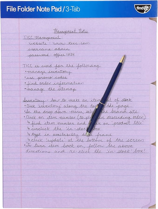 Find It File Folder Notepad - Pack of 36-9.5 x 12.5 Inch Notebook Organizer Folders for Filing, Document, and Clipboard Organization - Lavender