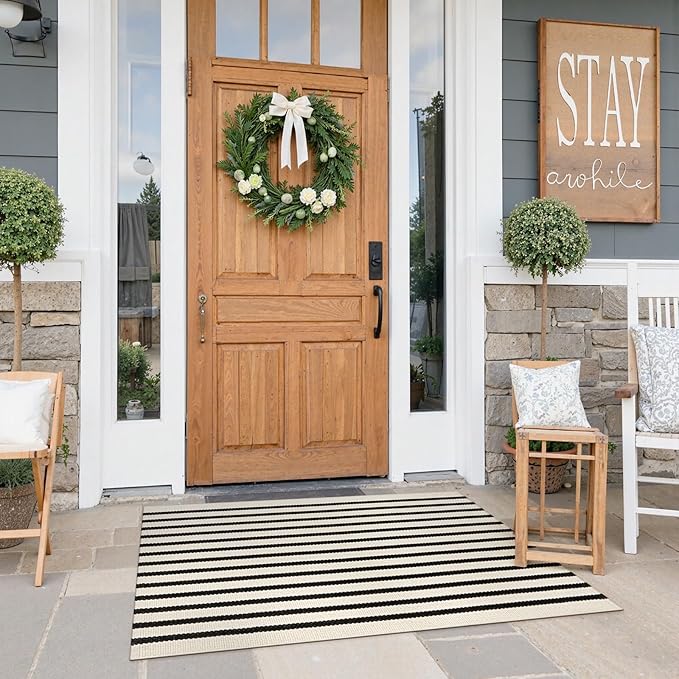 Collive Christmas Door Mat Outdoor Black and White Striped Rug 27.5" x 43.3", Farmhouse Front Porch Rug Reversible Washable Front Door Mats, Hand Woven Welcome Layered Doormat for Entryway Entrance