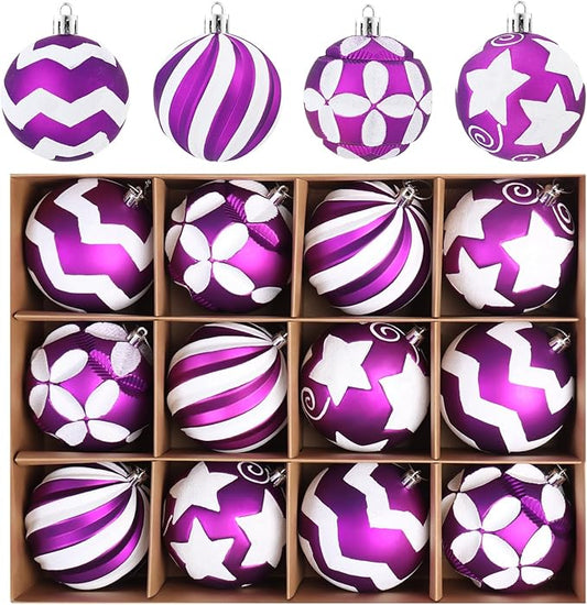 Large Purple White Christmas Ornaments for Tree, 12Pcs Shatterproof Christmas Bulbs Ornaments, 4 Inch Big Hanging Balls Decorations for Xmas Trees Parties Malls (Purple & White)